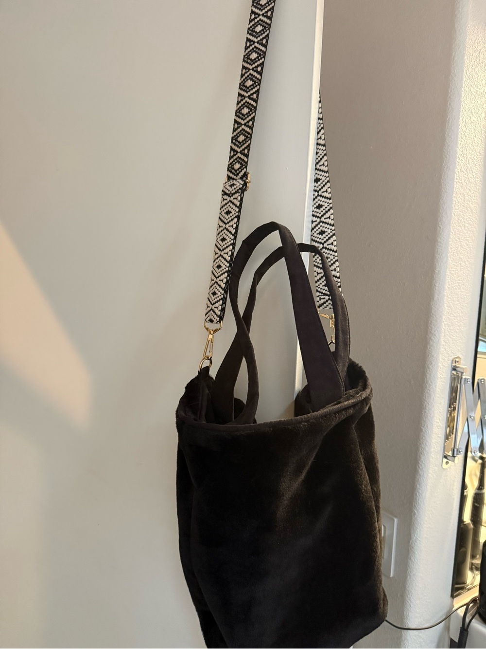 Black Faux Fur Hobo Tote with Removable Patterned Strap